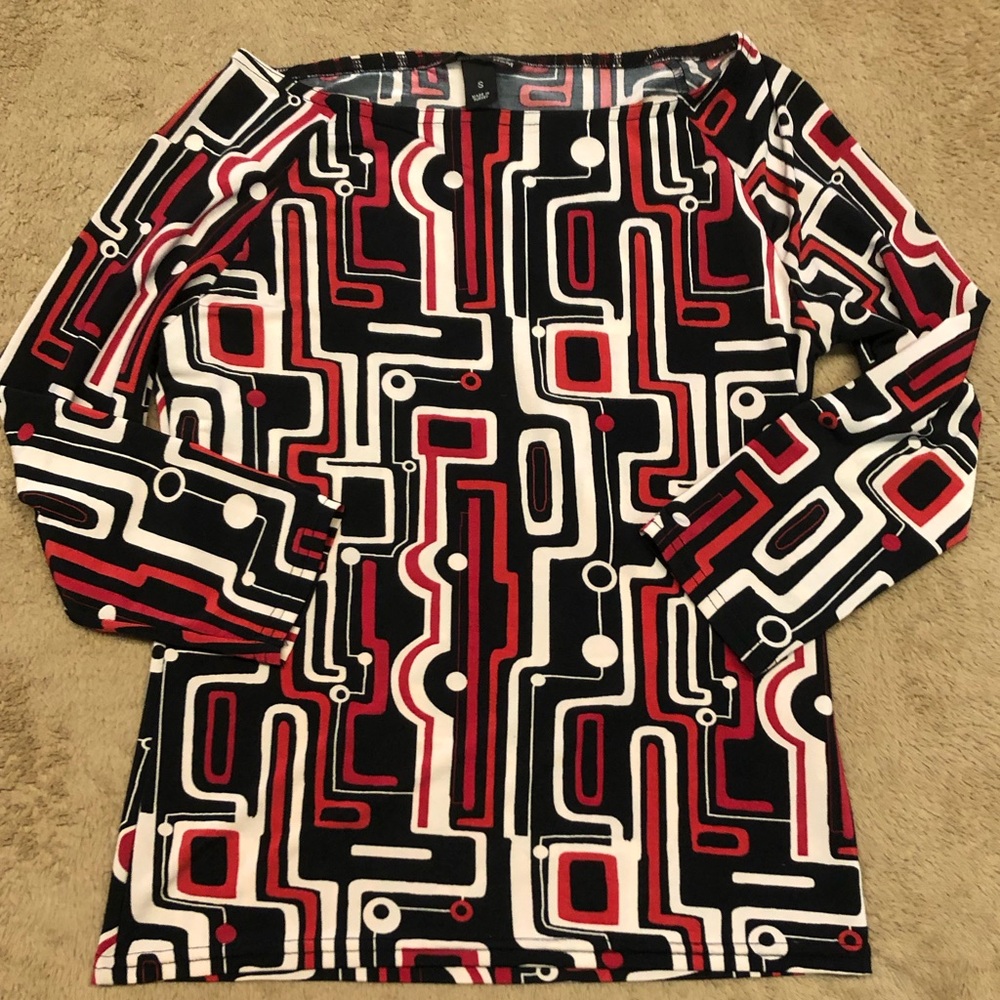 H&M Women’s Shirt Size S Red Black Geometric 3/4 Sleeve Multicolored